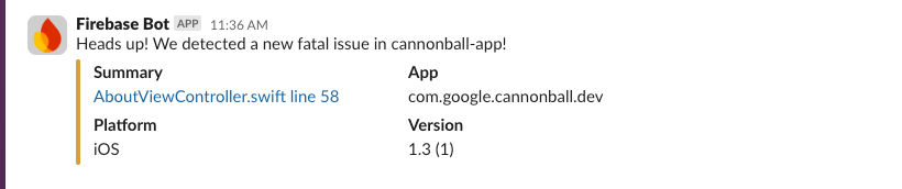 Slack 채널에 대한 Crashlytics 알림의 예