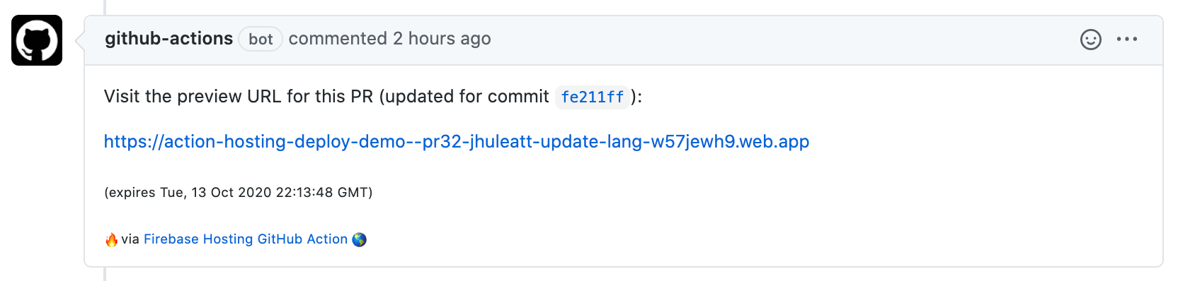immagine del commento della richiesta di pull di GitHub Action con l'URL di anteprima