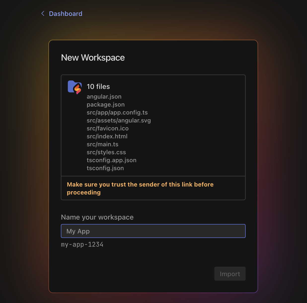 Open in Firebase Studio Import Workspace dialog